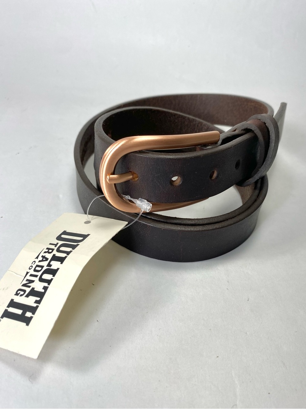 Duluth Trading Co Dark Brown Leather Belt with Rose Gold Buckle L NWT